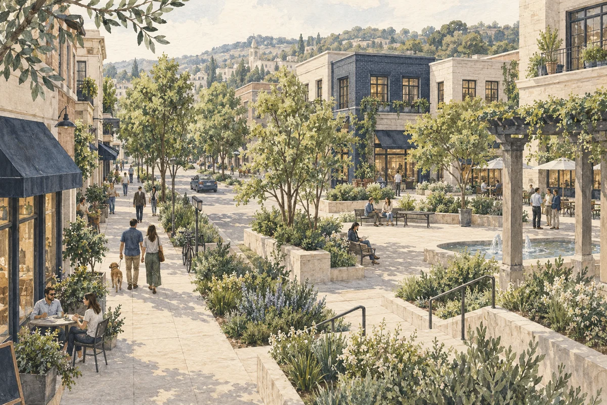 Painted concept illustration of a tree-lined neighborhood with sidewalks, a public plaza, and people spending time outdoors.